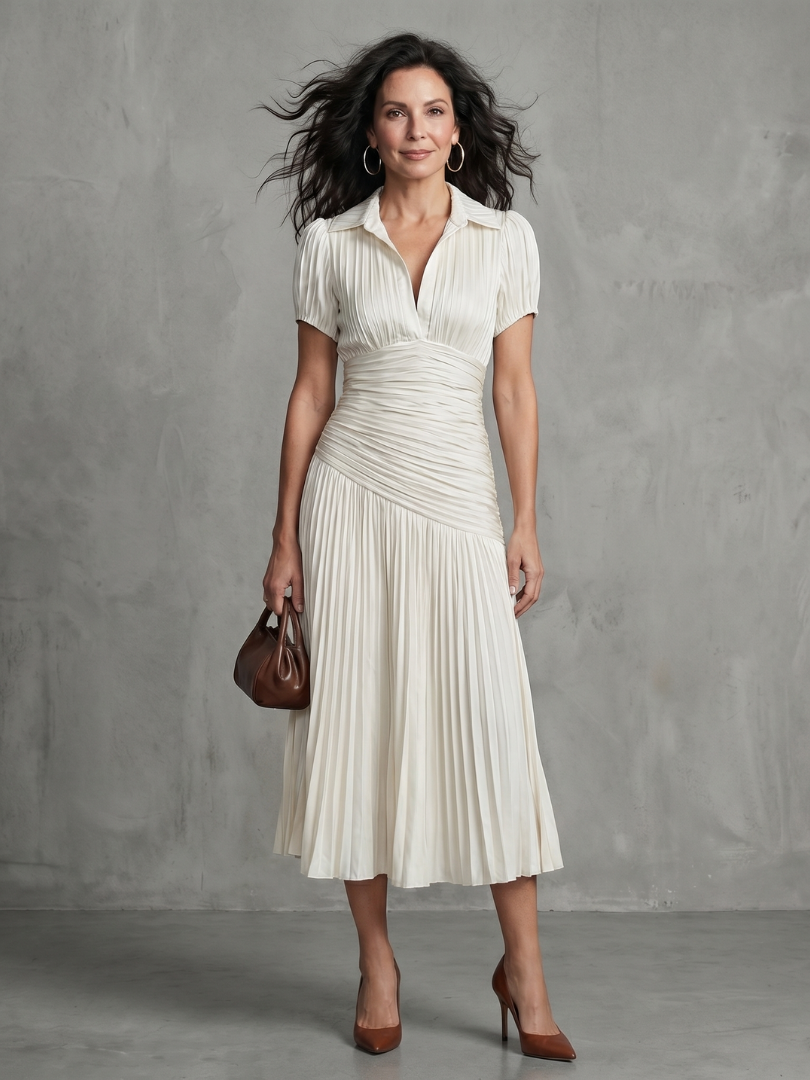 Striped Pleated-Waist Midi Dress