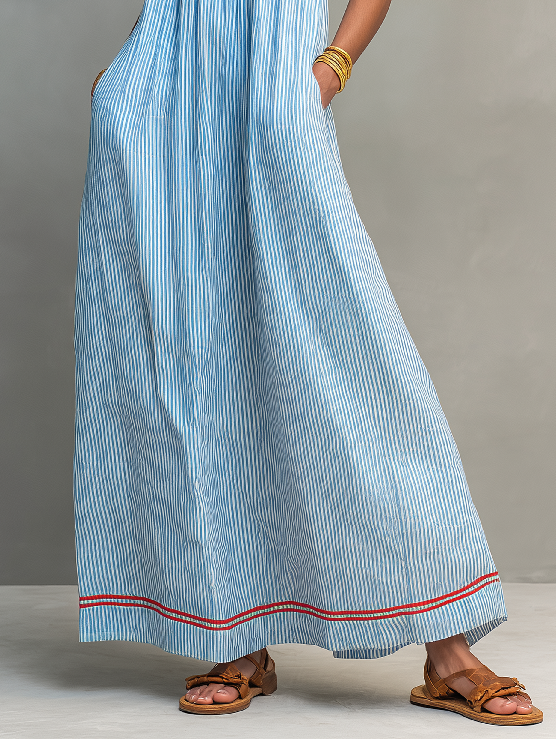 Monica | Striped Maxi Dress with Red Trim