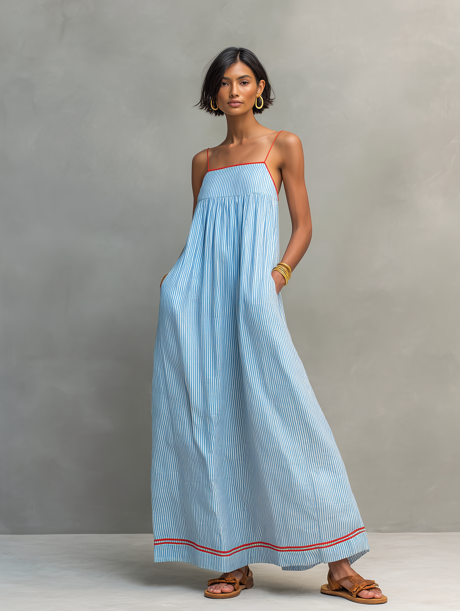 Monica | Striped Maxi Dress with Red Trim