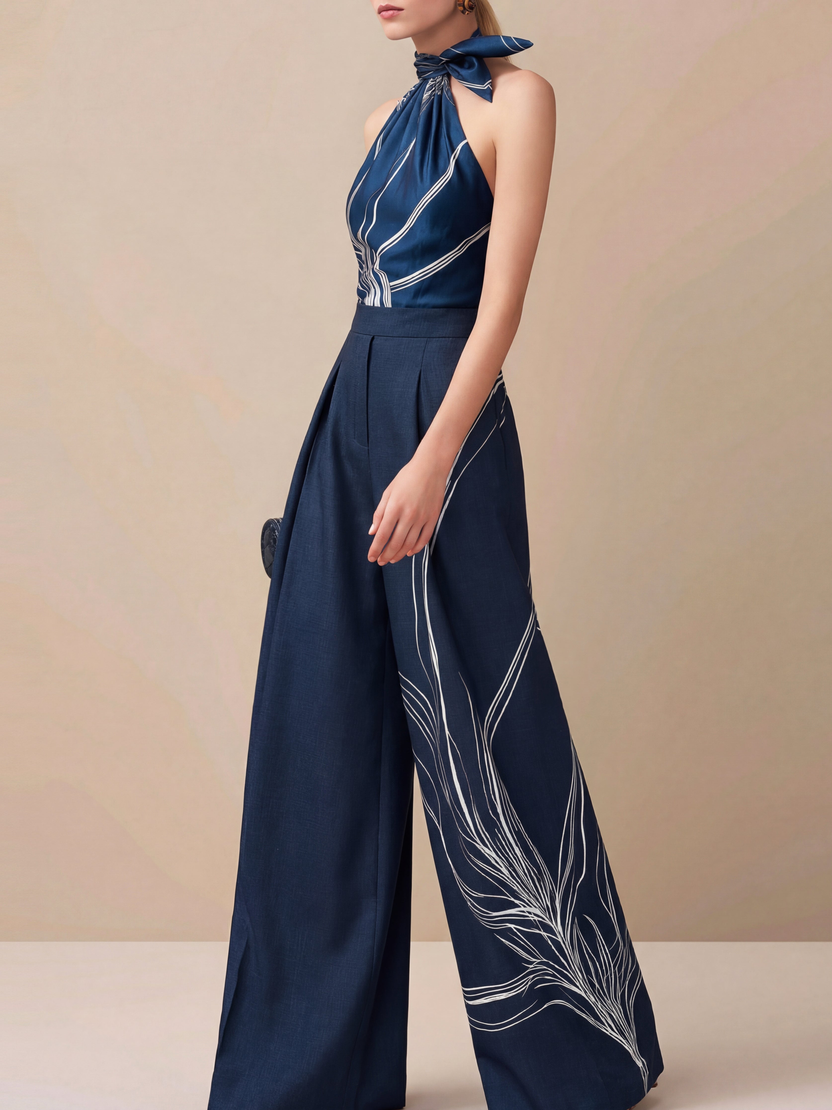 Monica | Satin Halter Blouse & Linen Wide-Leg Trousers Set