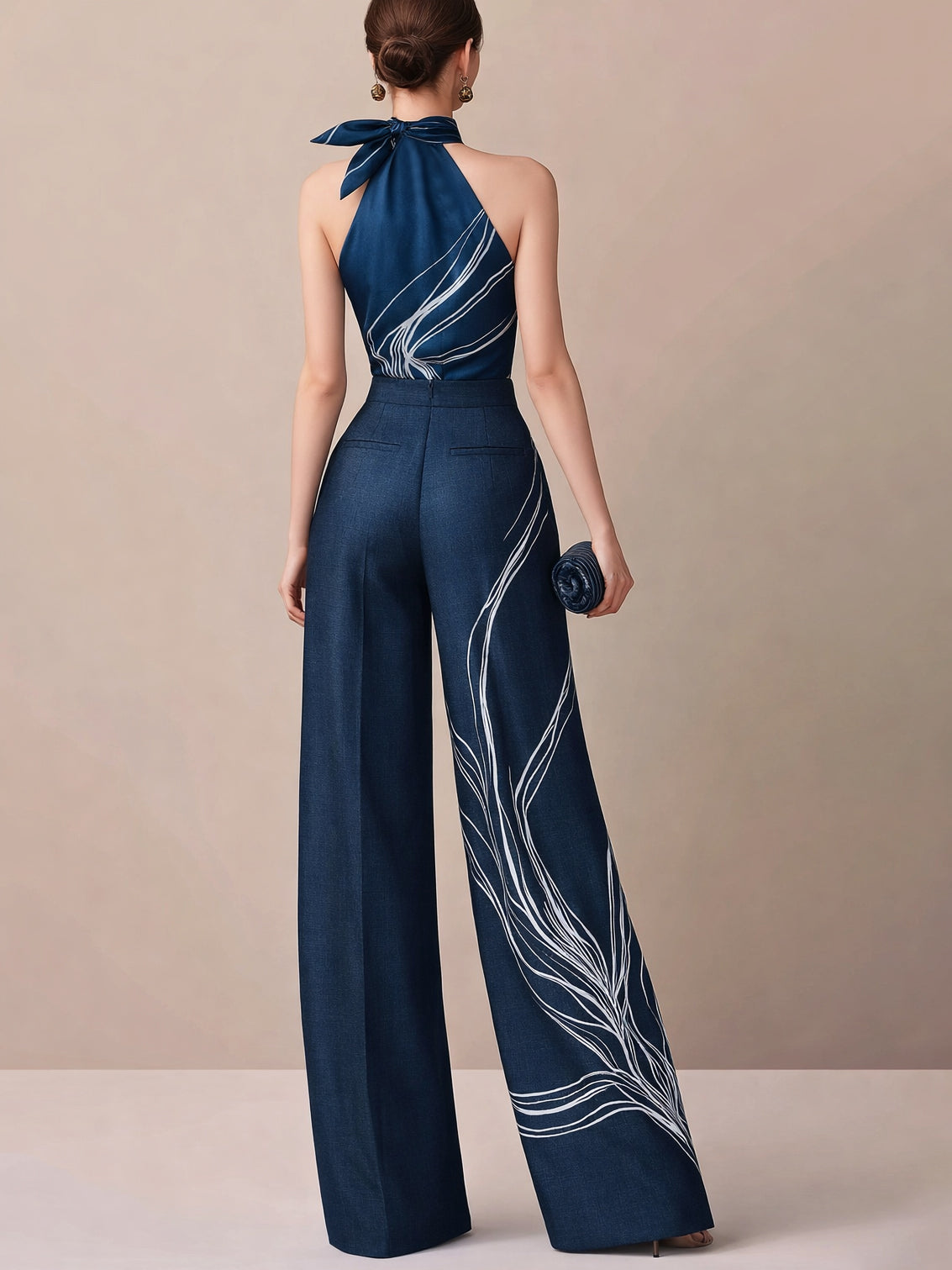 Monica | Satin Halter Blouse & Linen Wide-Leg Trousers Set