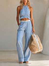 Maya | Pleated Halter Top & Wide-Leg Pant Set — Striped Cotton