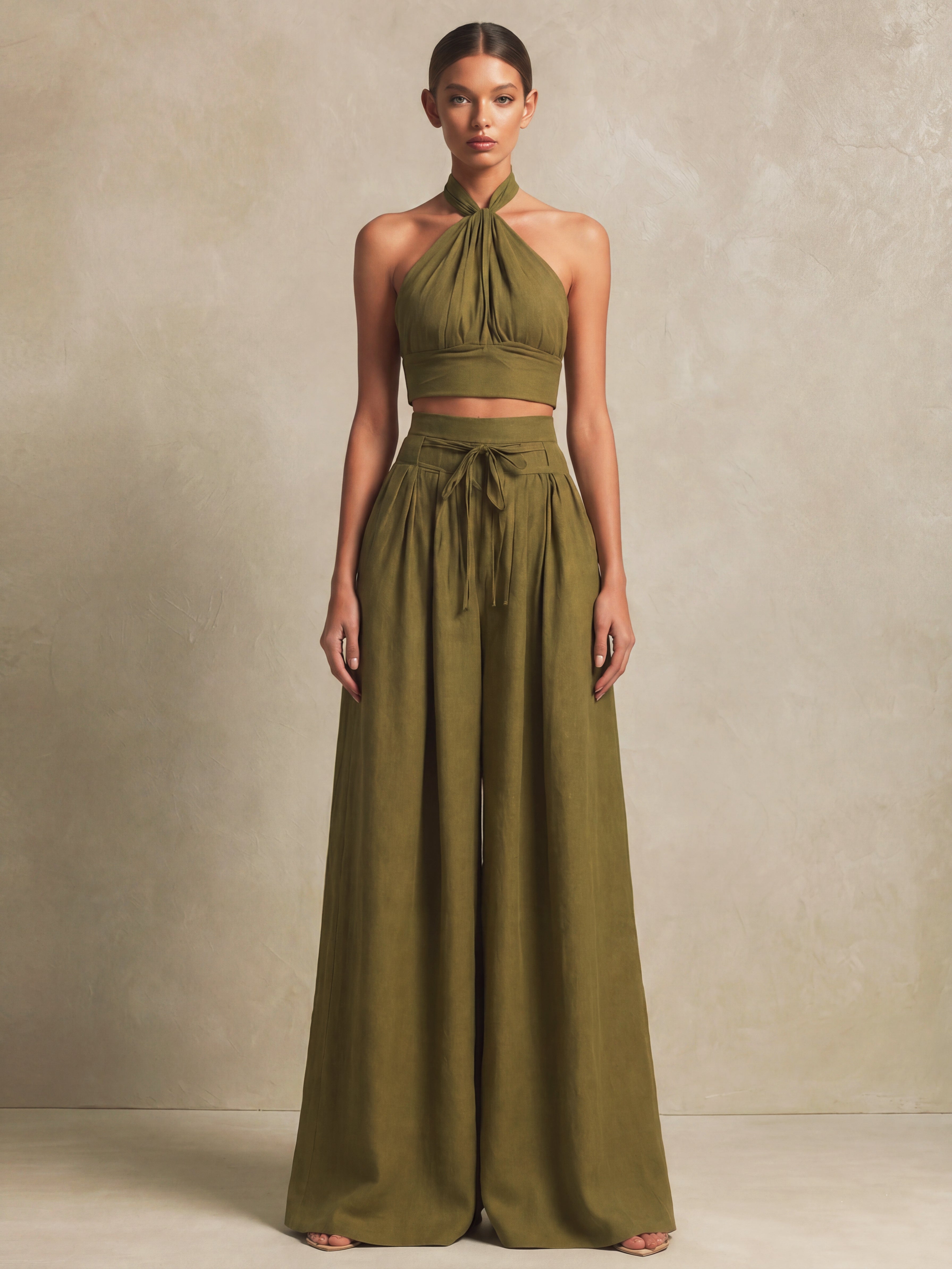 Ava | Halter Crop Top & High-Waist Linen Wide-Leg Trousers