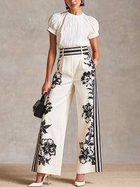 Camila | Chiffon Pleated Blouse & Floral Wide-Leg Pants Set