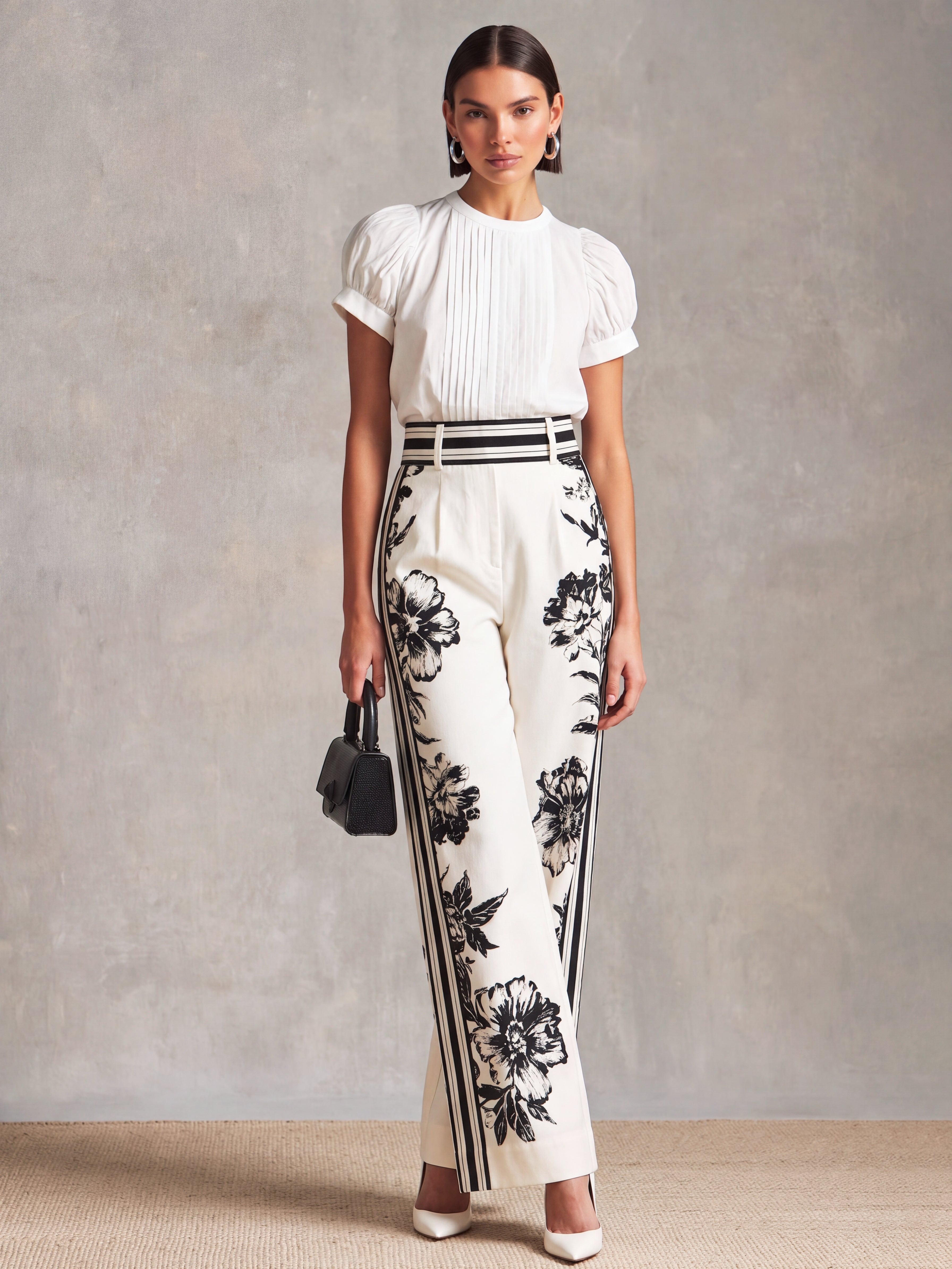 Camila | Chiffon Pleated Blouse & Floral Wide-Leg Pants Set