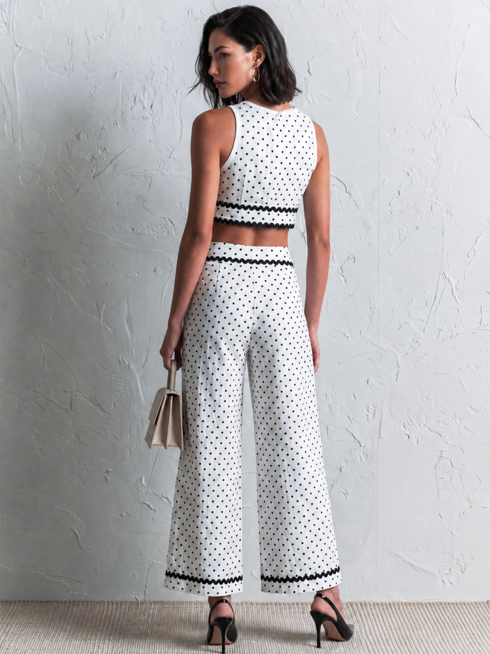Sierra | Polka Dot Co-Ord Linen-Blend Crop Top & Wide-Leg Trousers