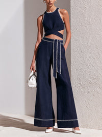 Naomi | Linen Co-Ord Set, Halter Wrap Crop & High-Waist Wide-Leg Pants