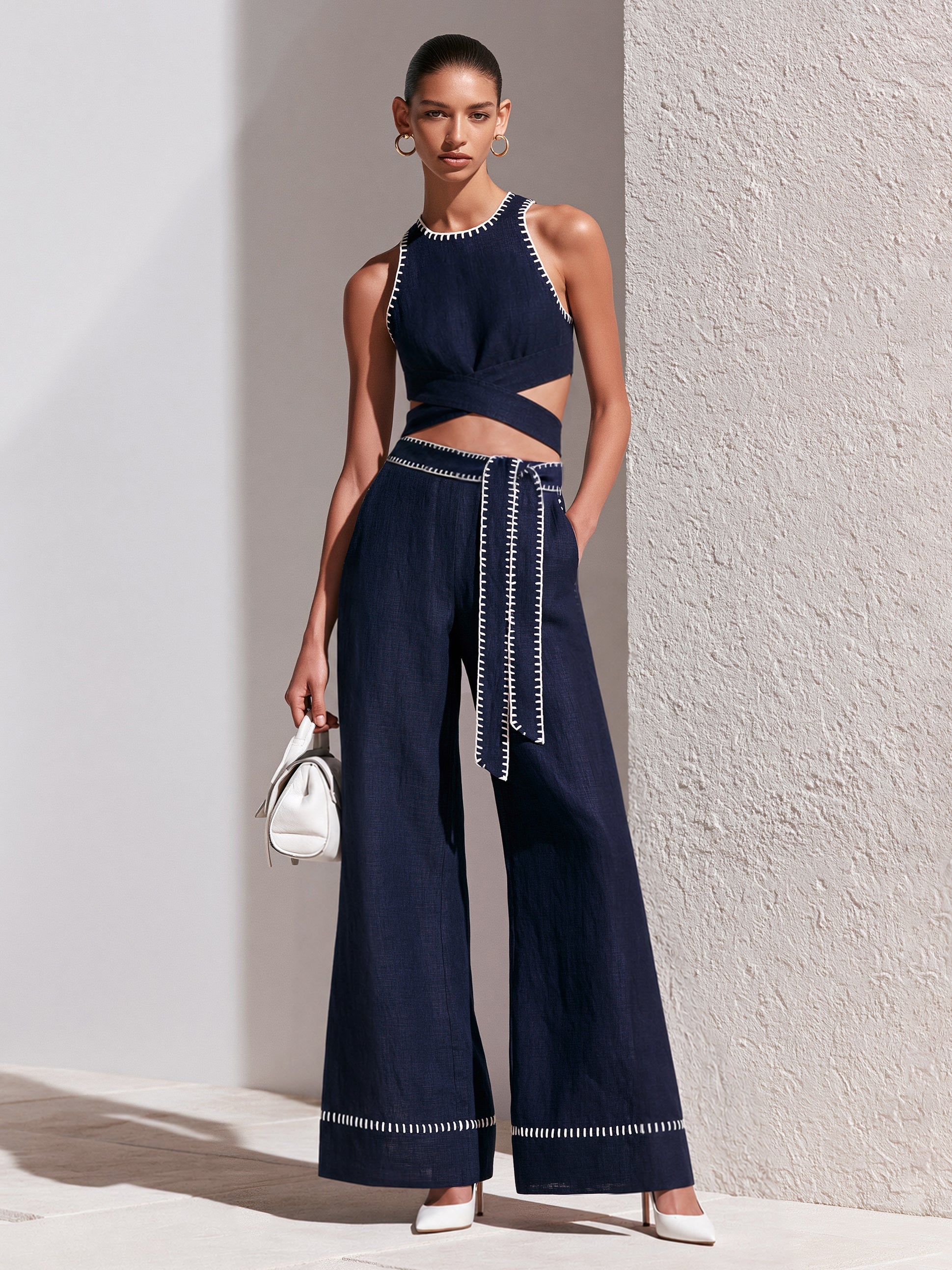 Naomi | Linen Co-Ord Set, Halter Wrap Crop & High-Waist Wide-Leg Pants