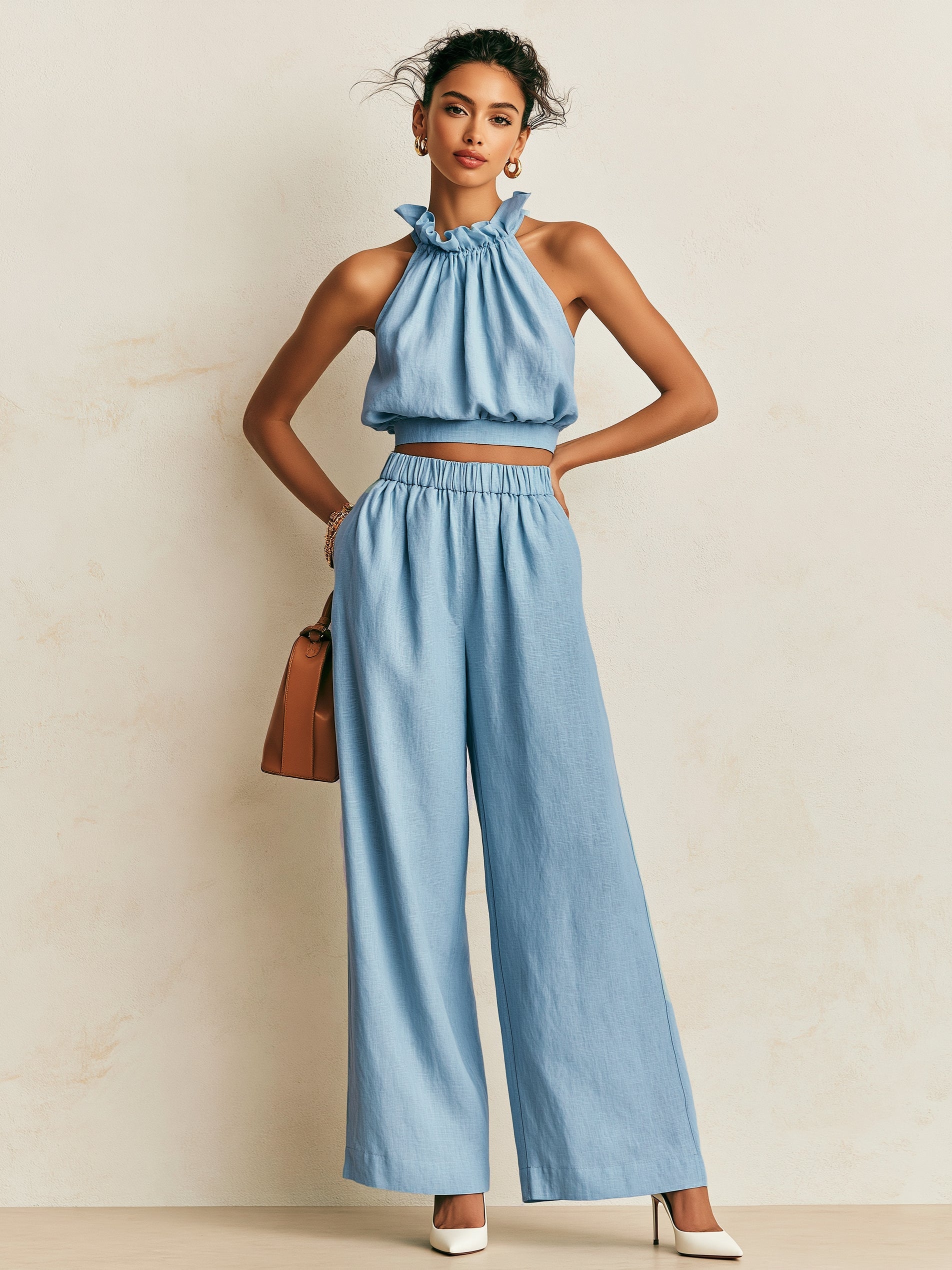 Sierra | Ruffled Halter Top & Linen-Blend Wide-Leg Set
