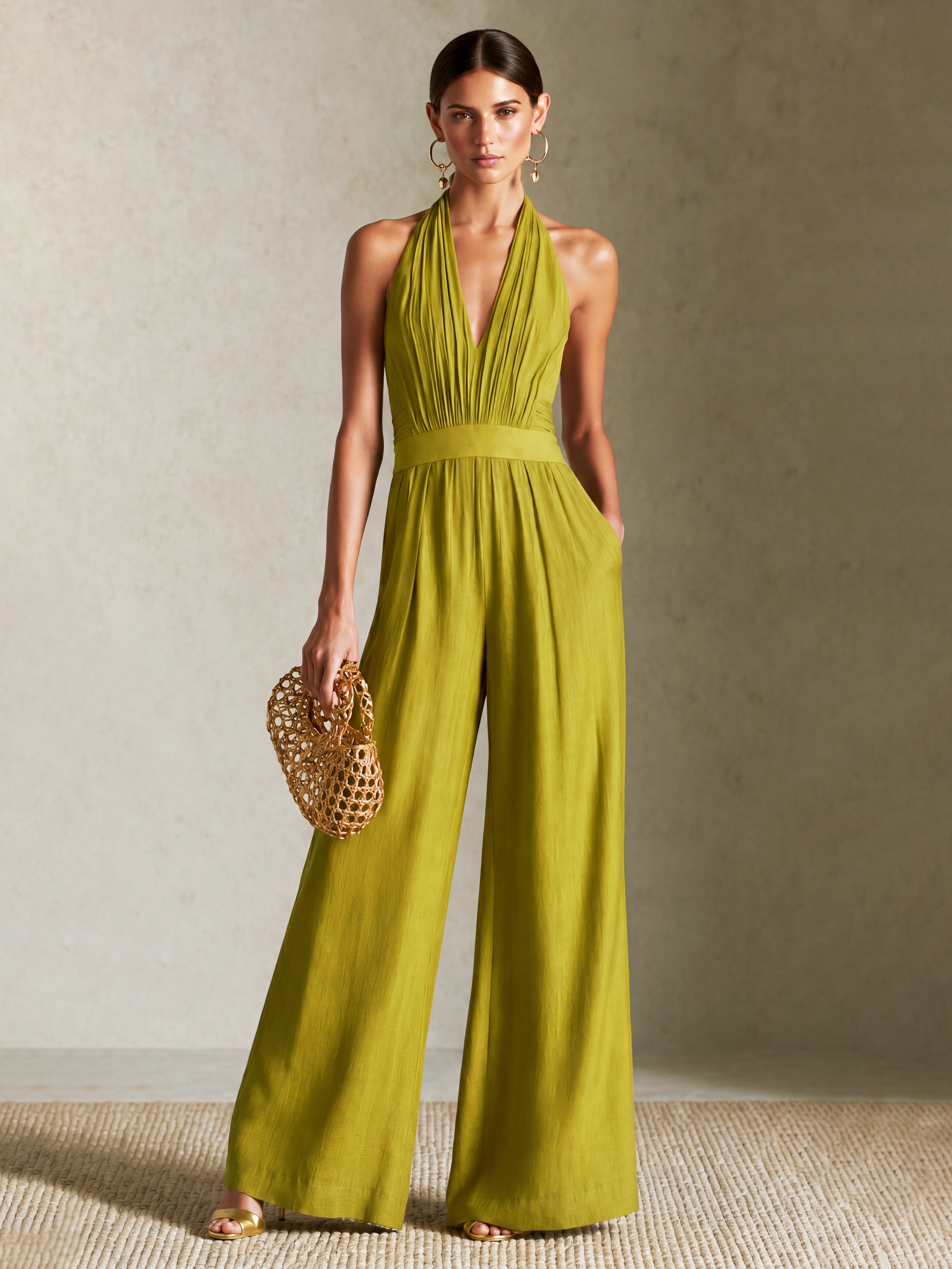 Aisha | Linen Halter-Neck Wide-Leg Jumpsuit