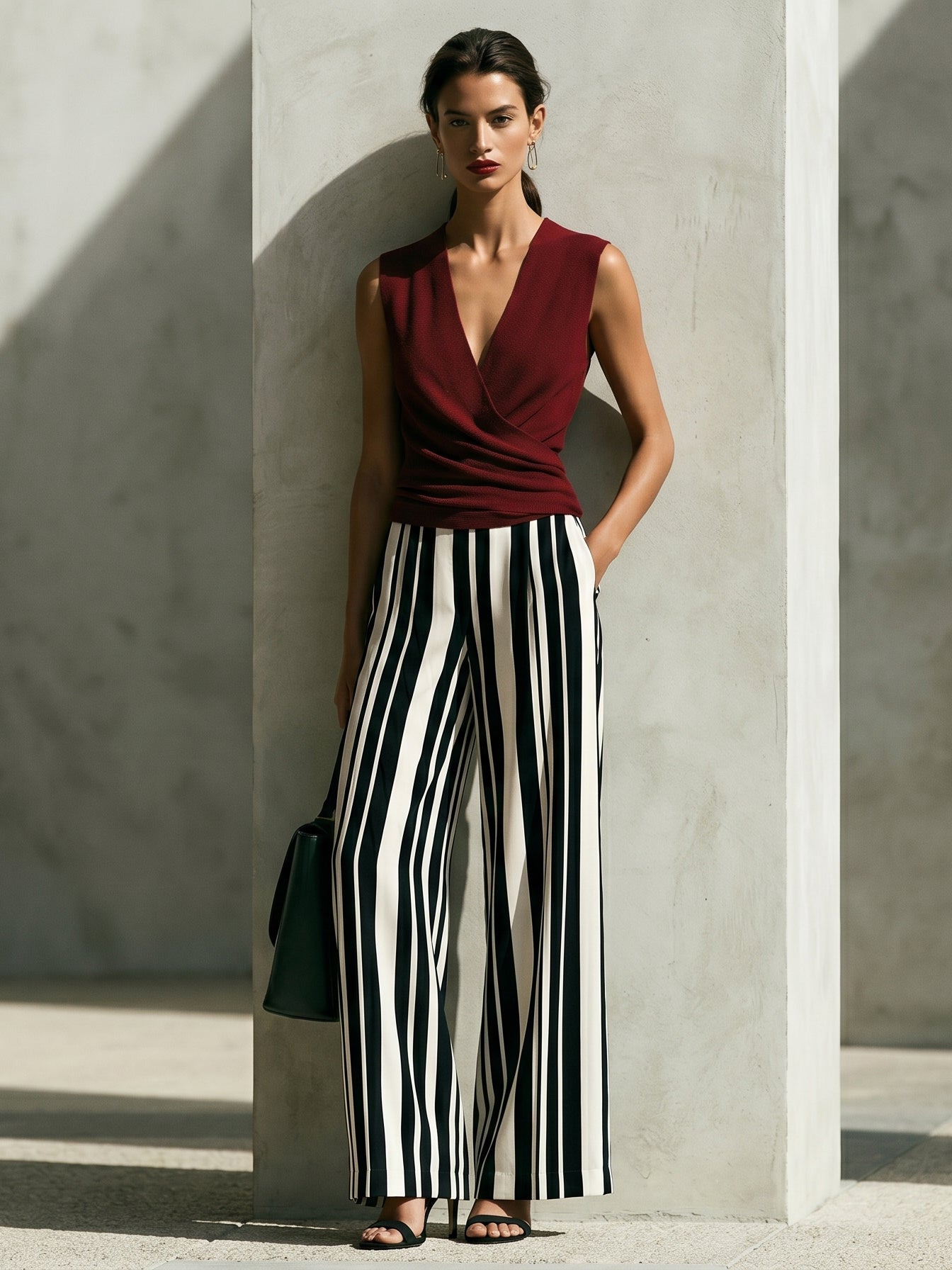 Jasmine | Wrap Knit Top & Striped Satin Wide-Leg Pants Set