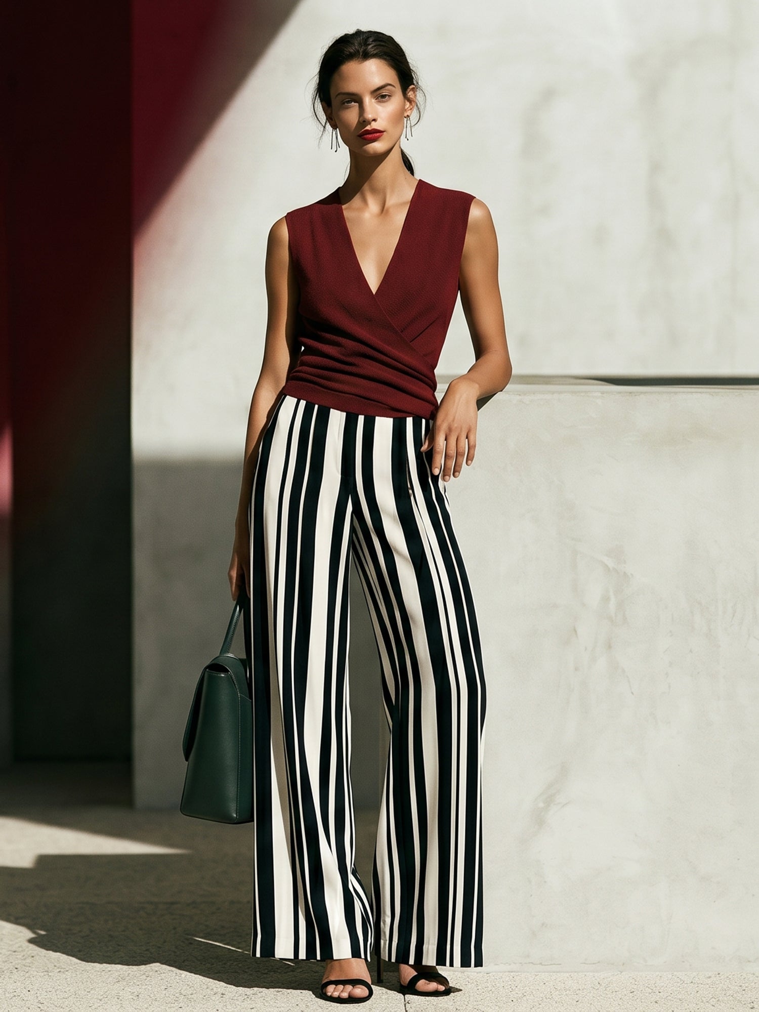 Jasmine | Wrap Knit Top & Striped Satin Wide-Leg Pants Set