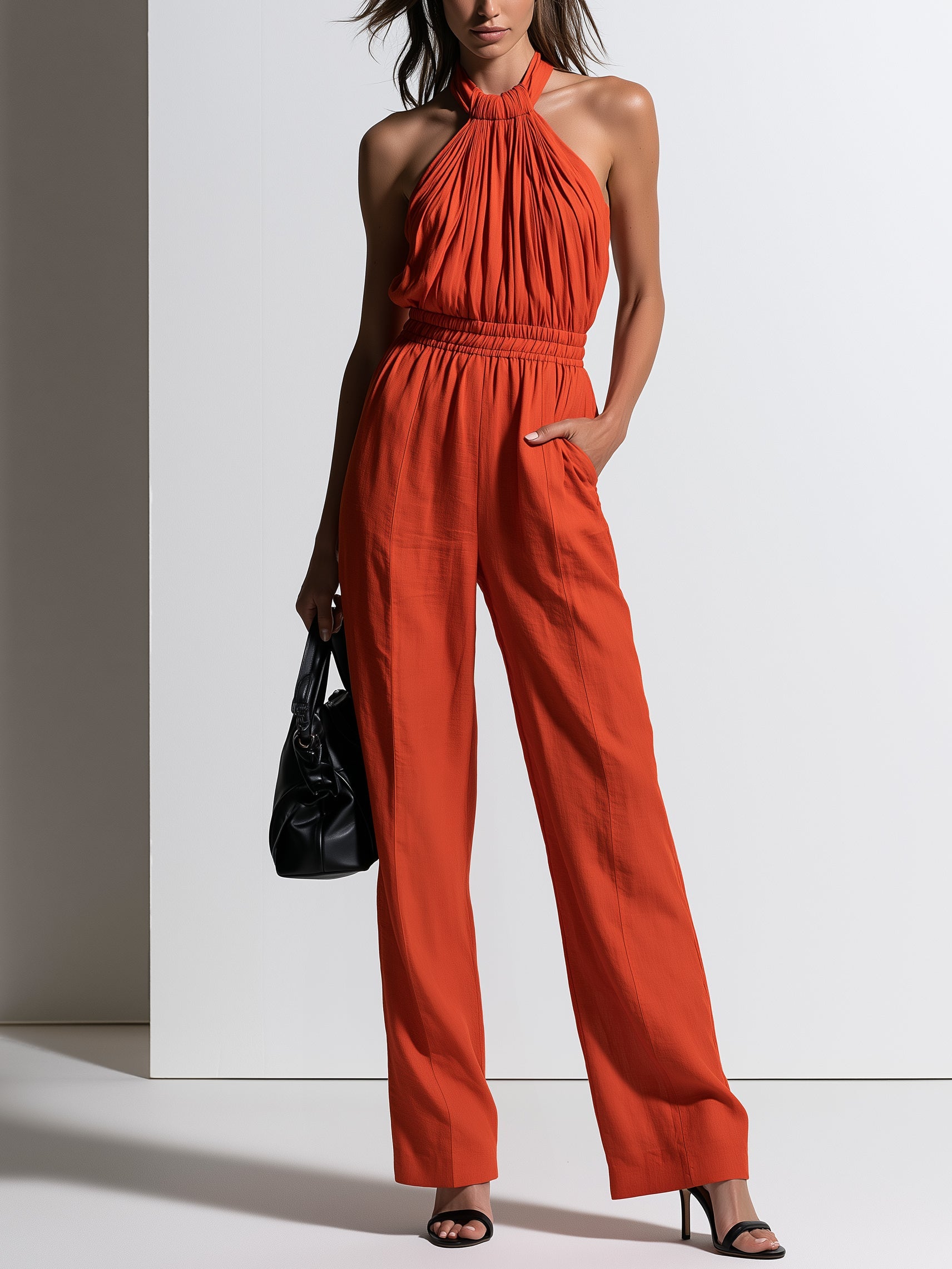 Maya | Linen-Cotton Pleated Halter Wide-Leg Jumpsuit