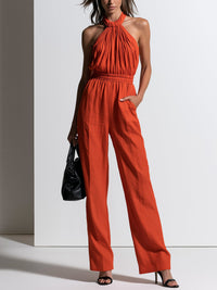 Maya | Linen-Cotton Pleated Halter Wide-Leg Jumpsuit