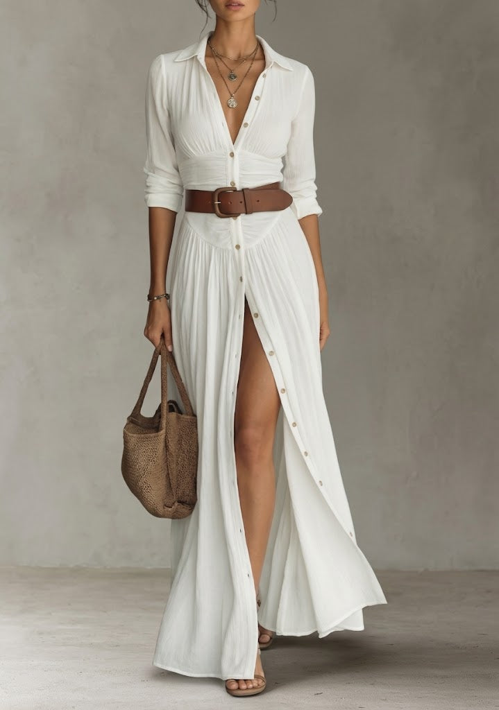 Women's Long Dress with Notched Collar and Long Sleeves in Linen