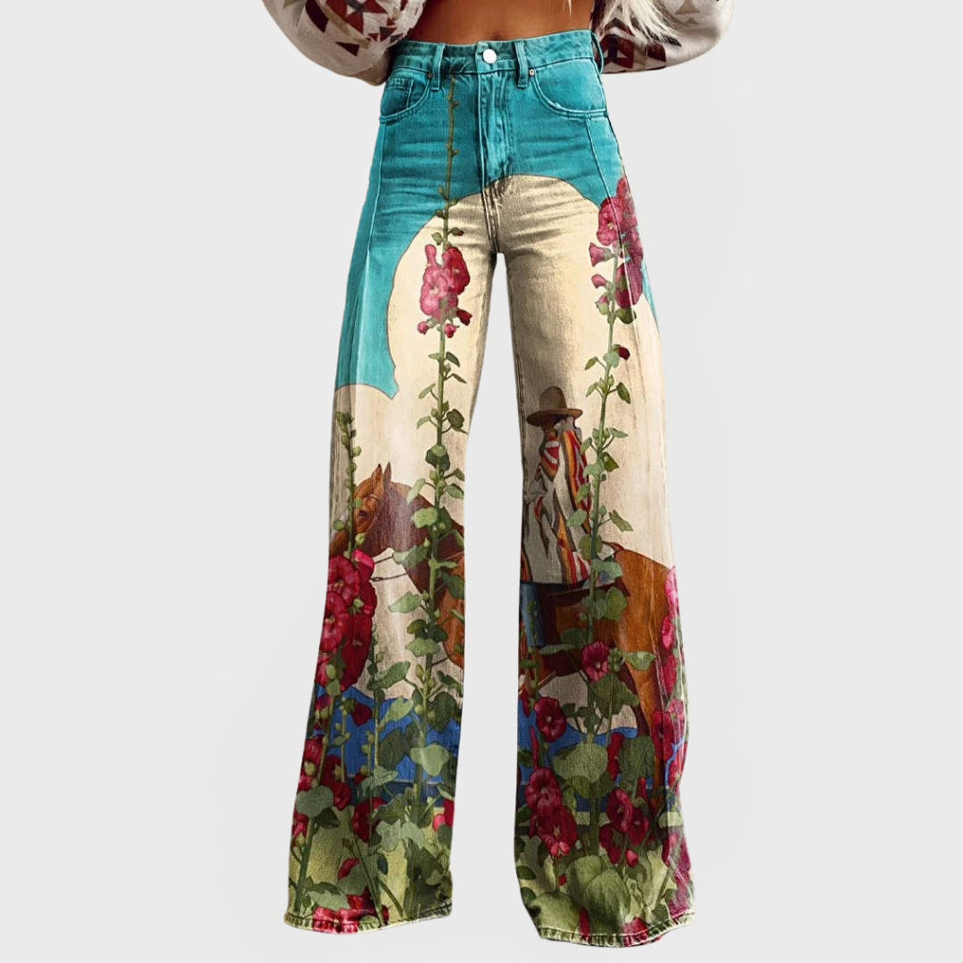 Fashionable jeans with floral design and wide leg