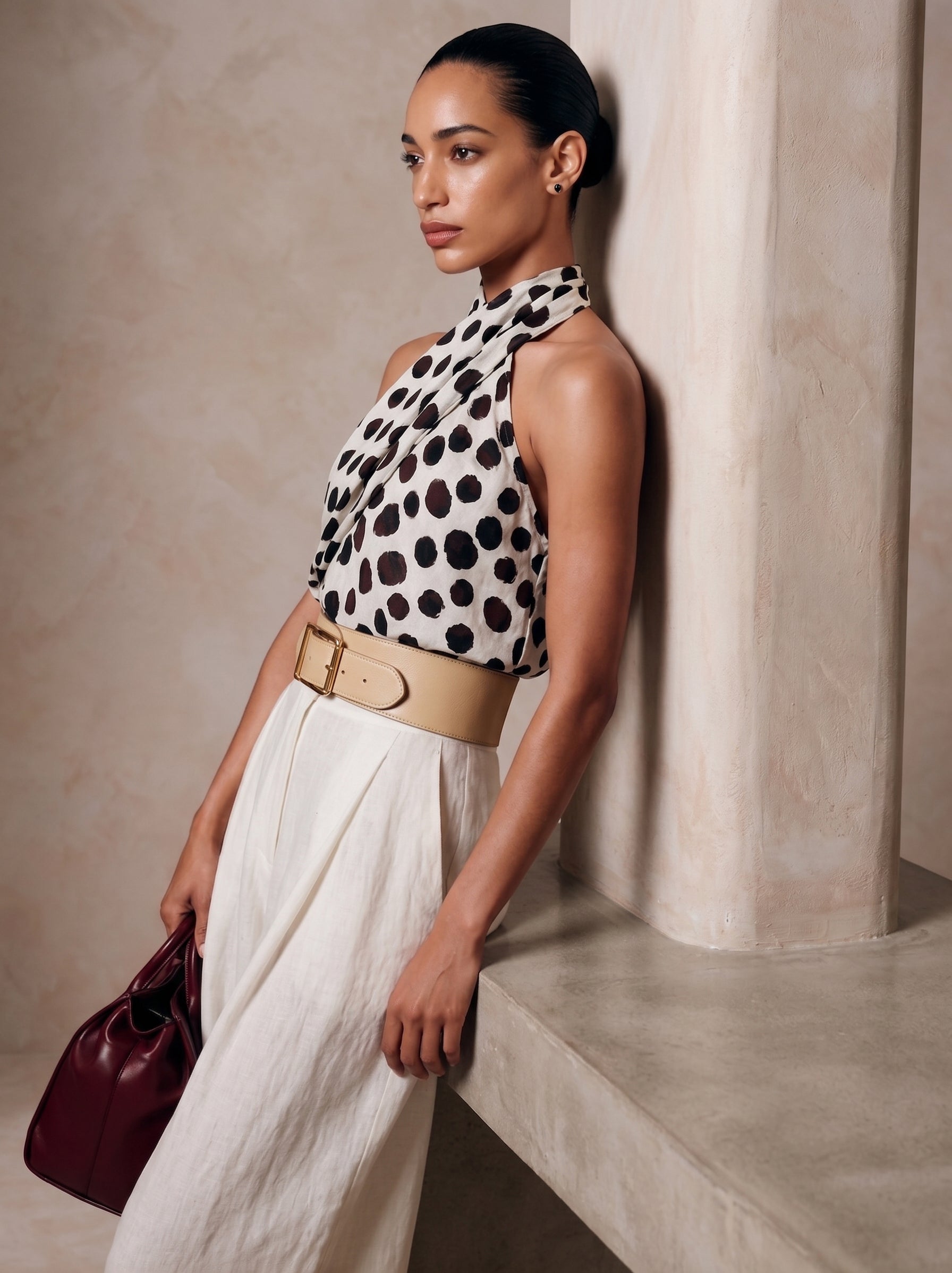 Monique | Polka Dot Halter Top & Linen Wide-Leg Pants Set