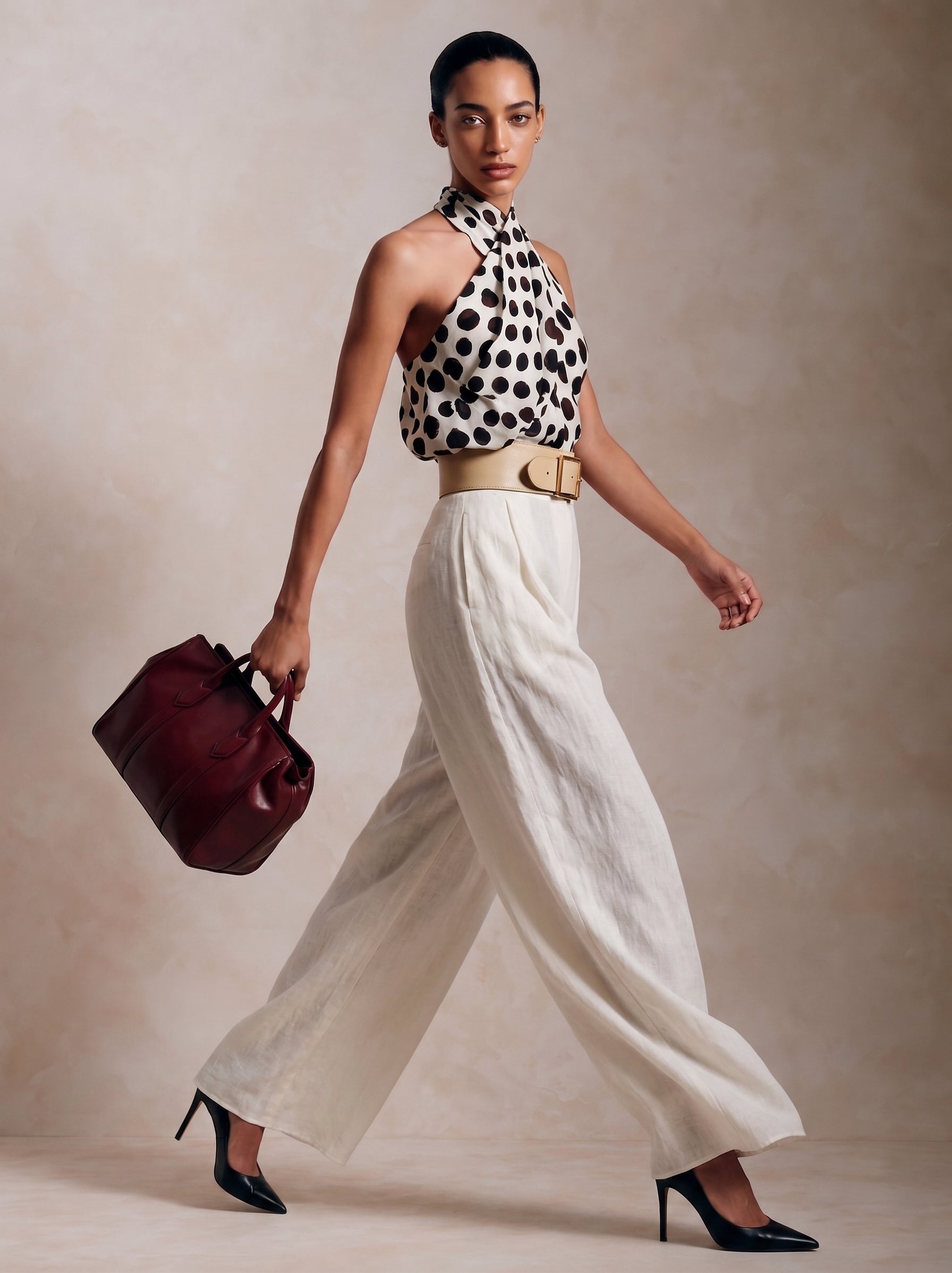 Monique | Polka Dot Halter Top & Linen Wide-Leg Pants Set