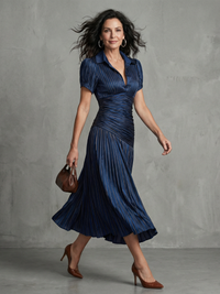 Striped Pleated-Waist Midi Dress