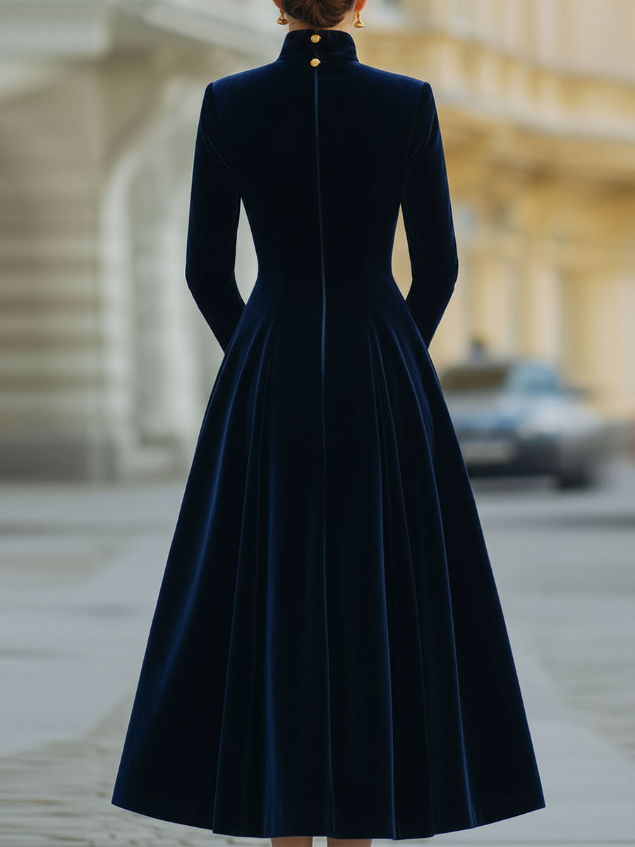 Velvet A-Line Dress with Gold Accents