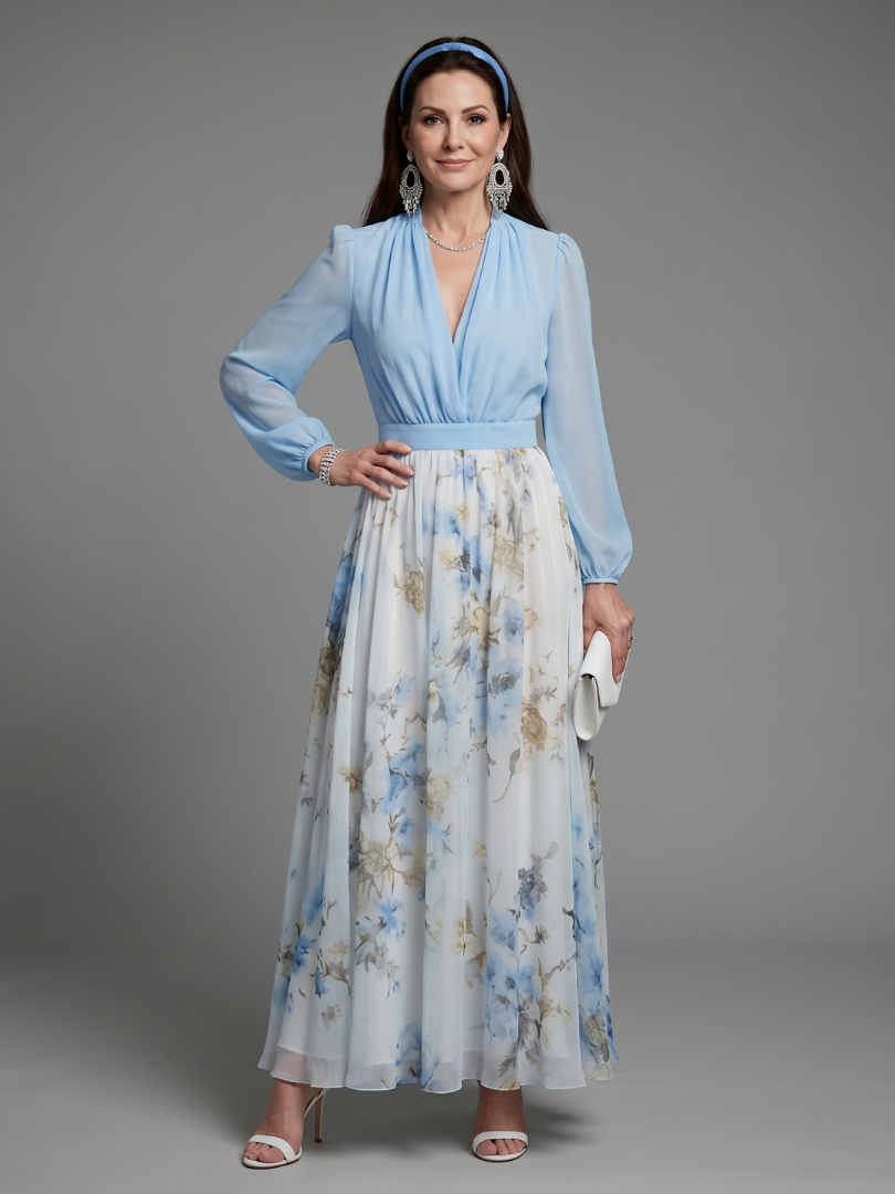 V-Neck Sheer Bodice Floral Maxi Dress
