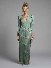 Ava | Long Sleeve Midi Dress with Tiered Fringe Skirt