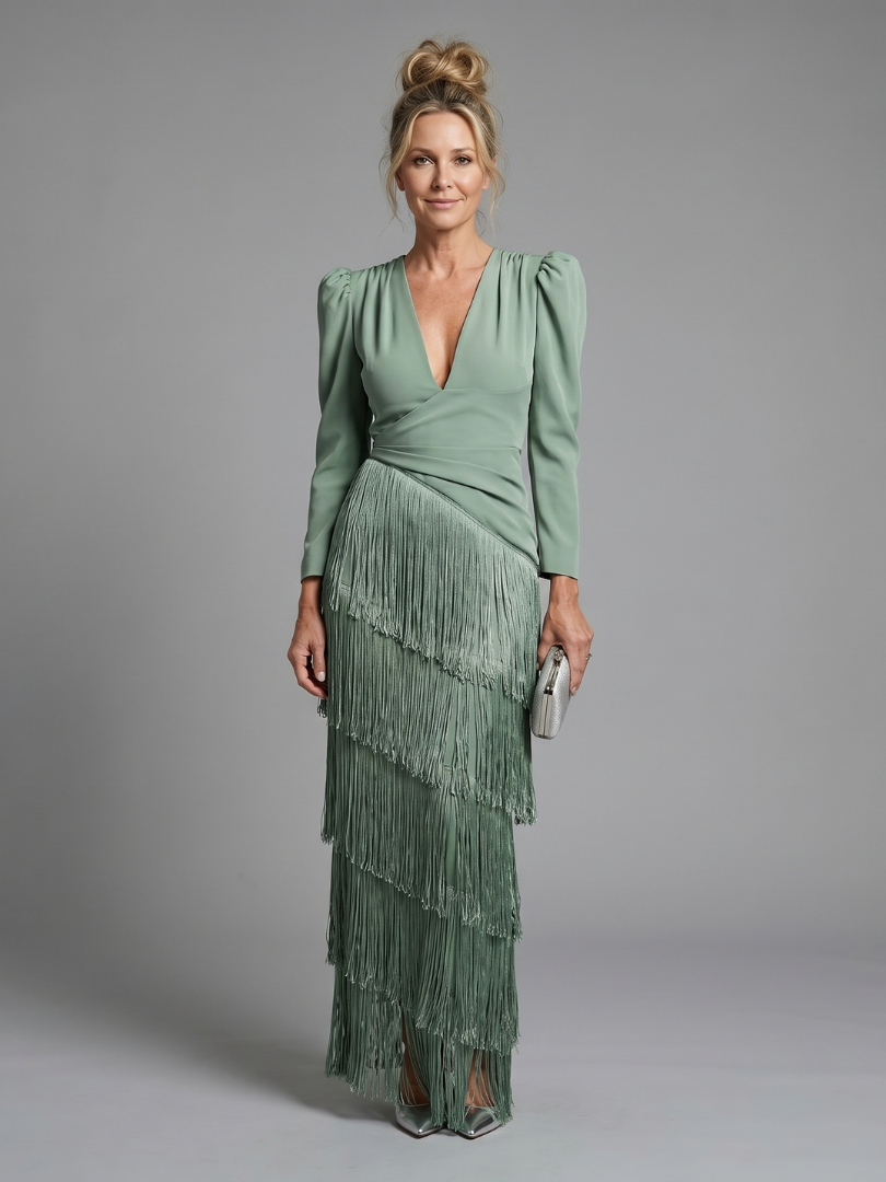 Ava | Long Sleeve Midi Dress with Tiered Fringe Skirt
