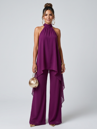 Asymmetric Halter Tunic and Wide-Leg Pants Set