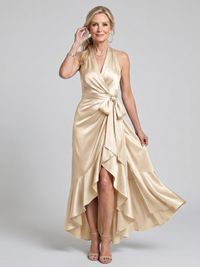 Halter Wrap Asymmetric Hem Midi Dress