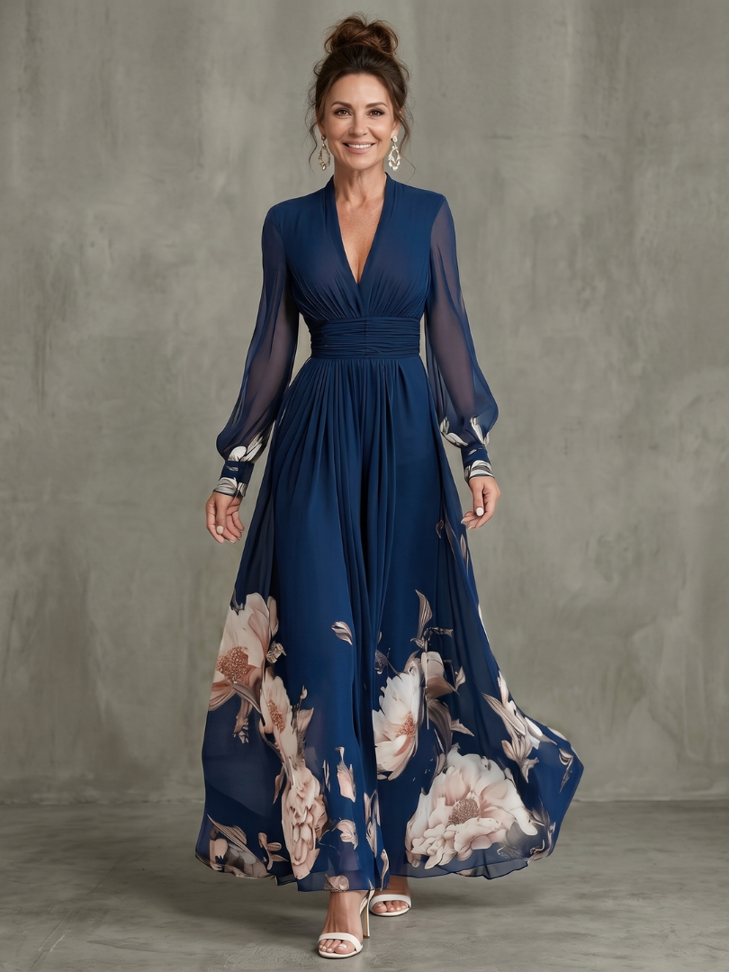 Pleated Sheer-Sleeve Maxi Dress