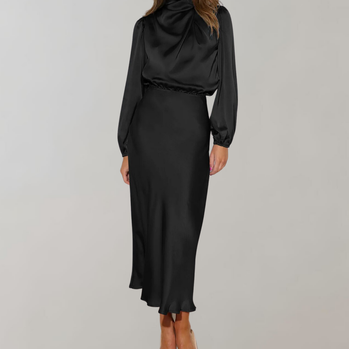 Women’s Satin High Neck Midi Dress Long Sleeve