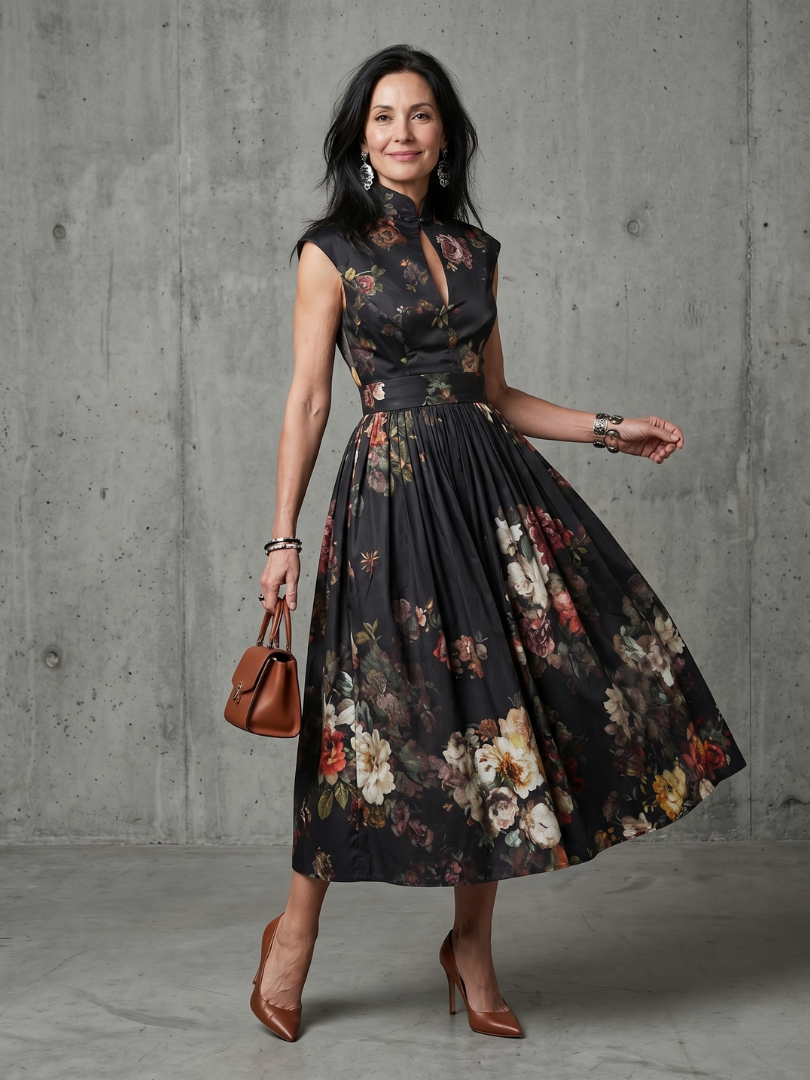 Marisol | High-Neck Keyhole Pleated Midi Dress
