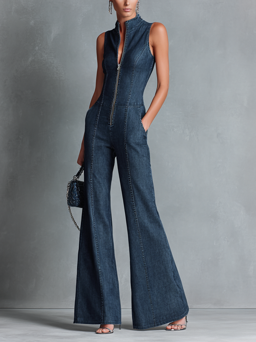 Monica | Denim Flared-Leg Jumpsuit