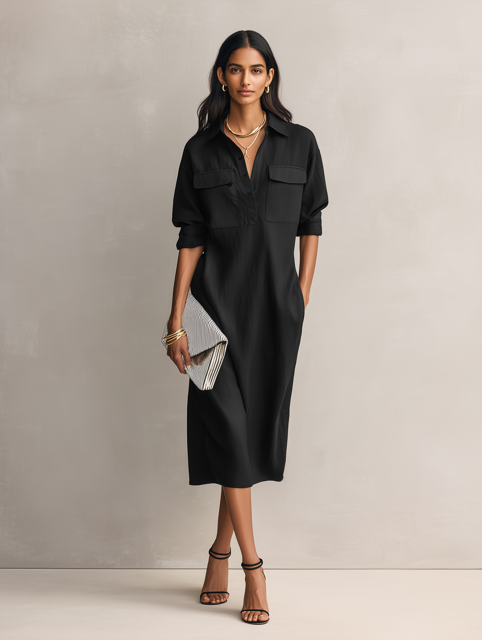 Leah | Cotton-Linen Shirt-Collar Midi Dress
