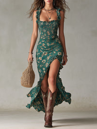 Zara - Retro Boho Maxi Dress with Ruffled Sleeves and High Slit