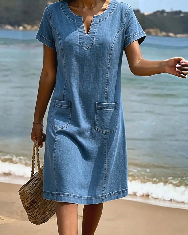 Casual Sheath Dress with Pocket and Small V-Neck