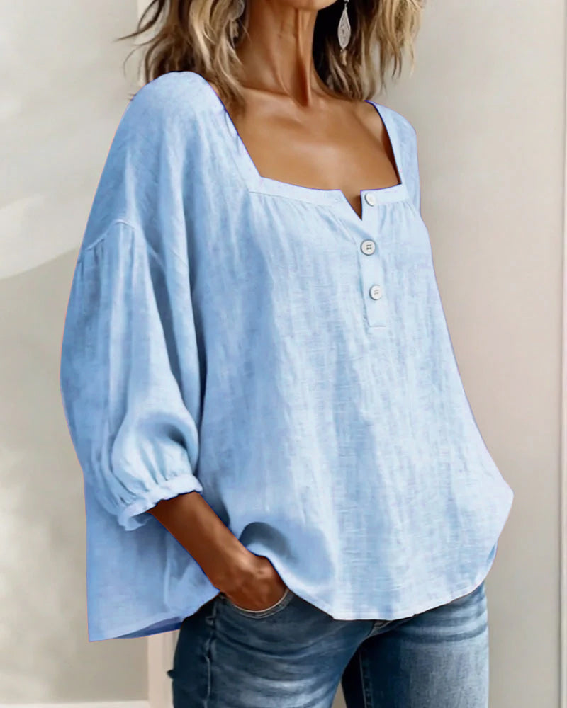 Harper | Cotton-Linen Square Collar Blouse