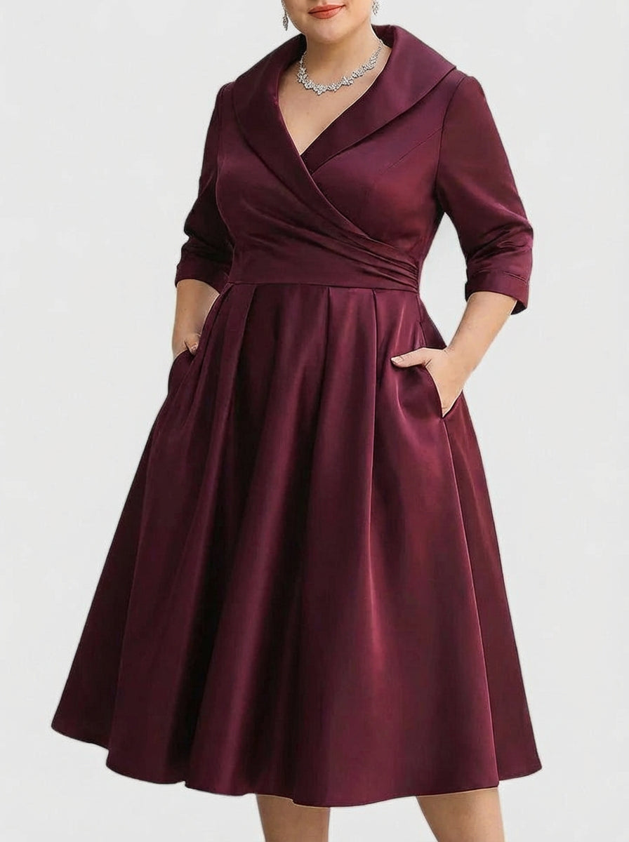 Lydia | Wrap-Collar Satin A-Line Midi Dress