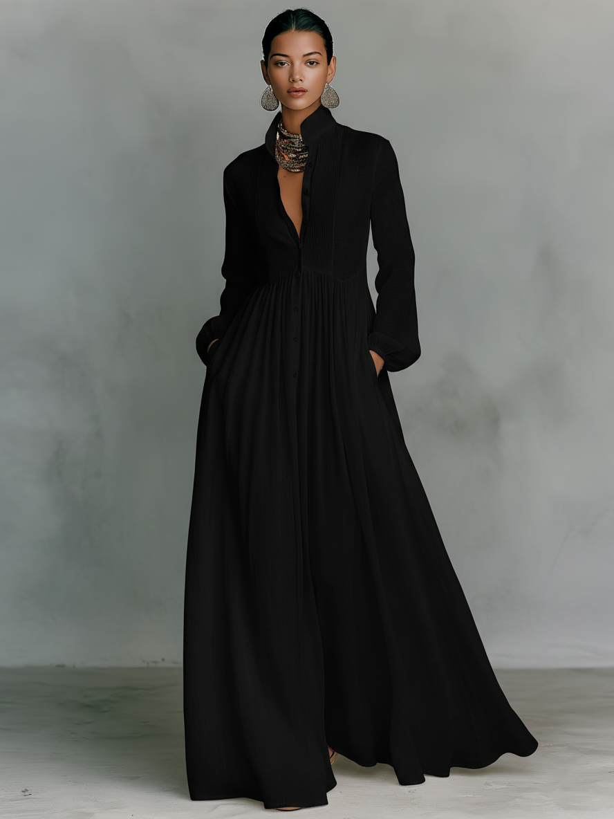 Patchwork Linen Maxi Dress Stand Collar