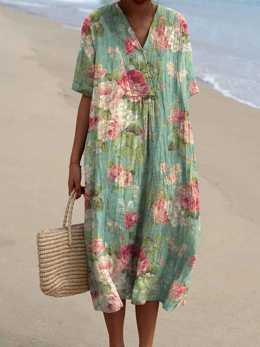Robe décontractée fluide à imprimé floral vintage pour femmes
