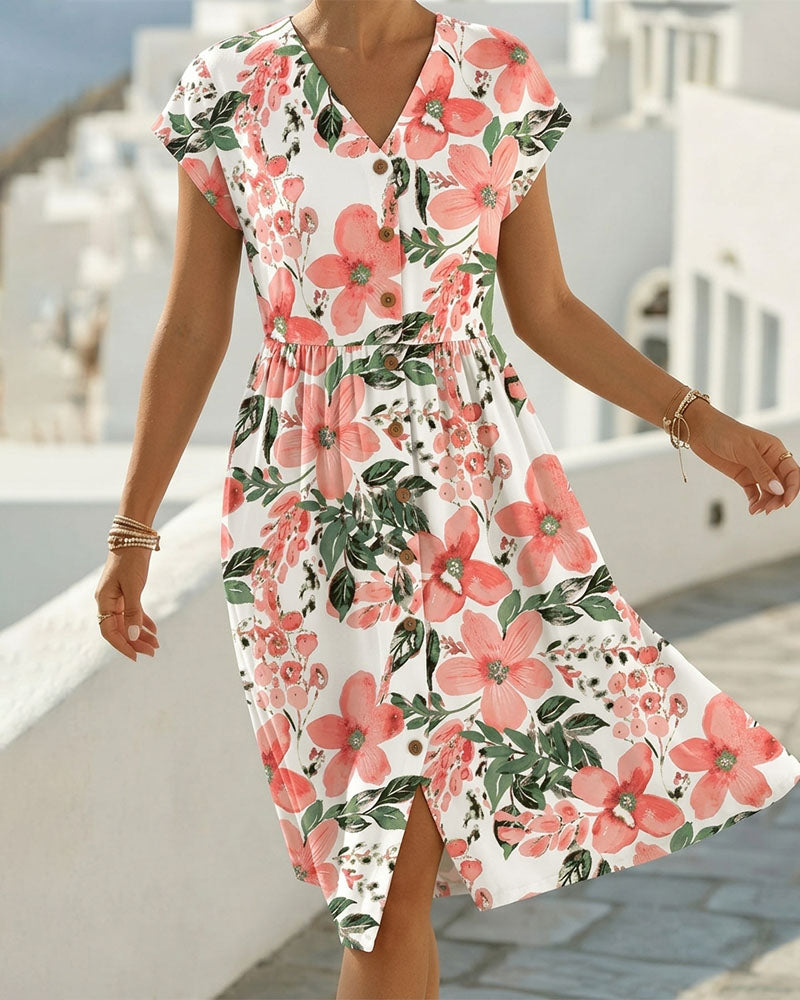 Floral Print V-Neck Short Sleeve Dress