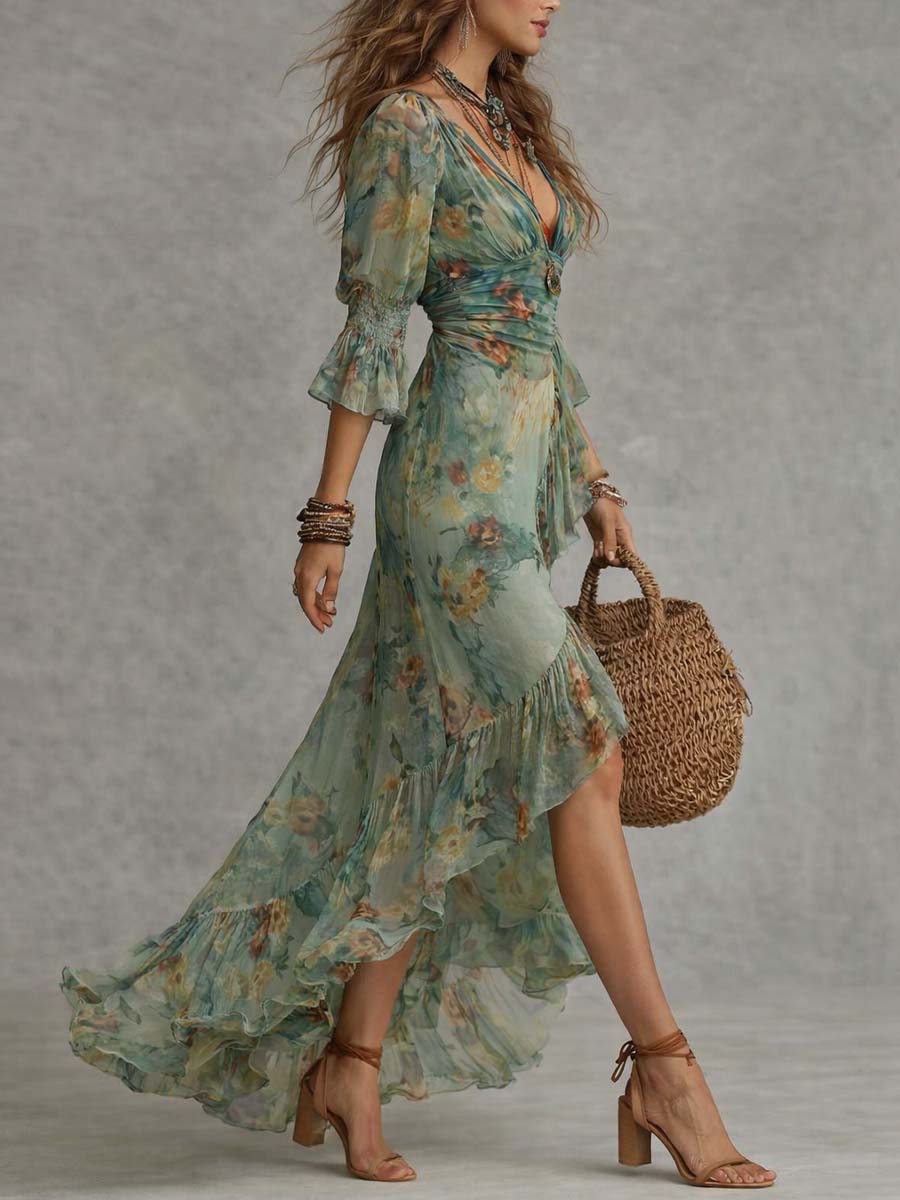 Aurora - long floral boho dress with romantic asymmetrical hem