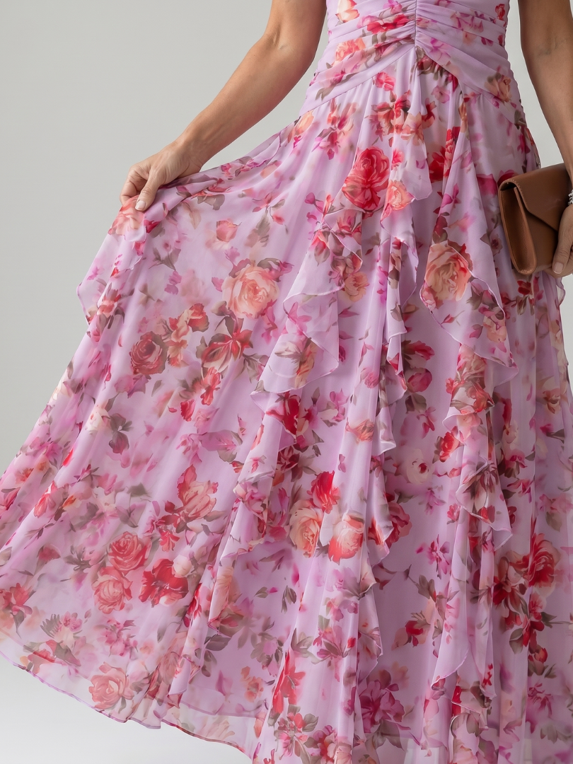 Floral Halter Ruched Bodice Maxi Dress