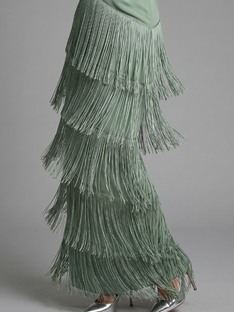 Ava | Long Sleeve Midi Dress with Tiered Fringe Skirt