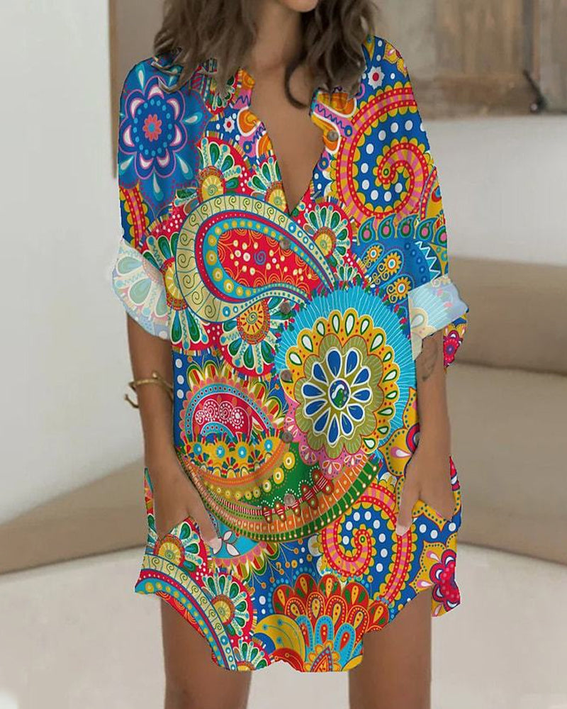 Buttoned Long Sleeve Dress with Pocket