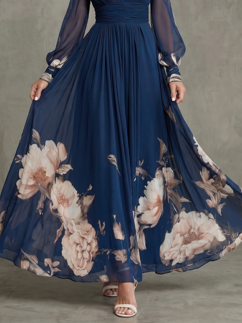 Pleated Sheer-Sleeve Maxi Dress