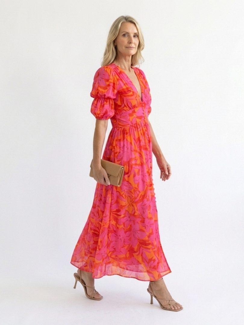 Floral V-Neck Puff-Sleeve Midi Dress