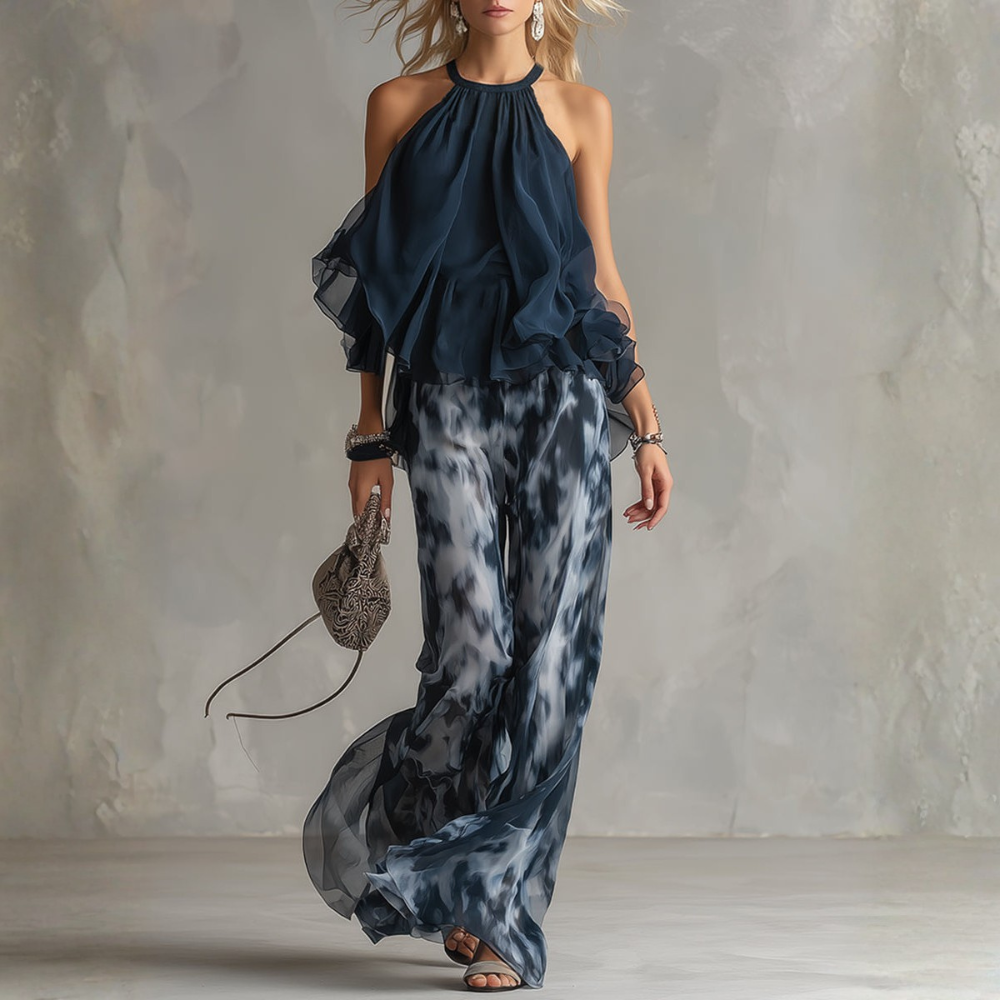 ISABELLA | ELEGANT IN CHIFFON WITH HIGH NECK TOP AND WIDE PRINTED PANTS