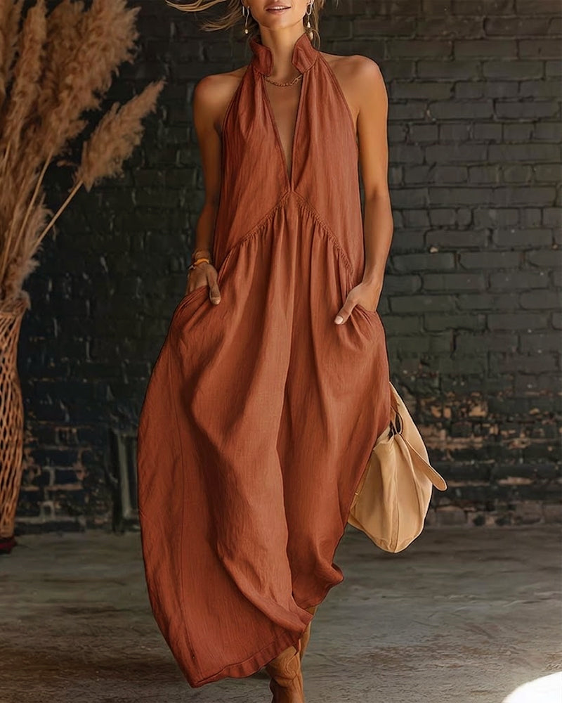 Sleeveless High Neck Solid Maxi Dress