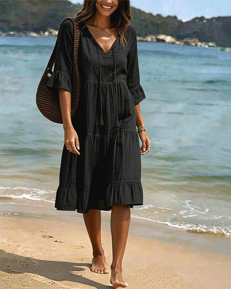 Flared Dress with Half Sleeves and Waist Tie